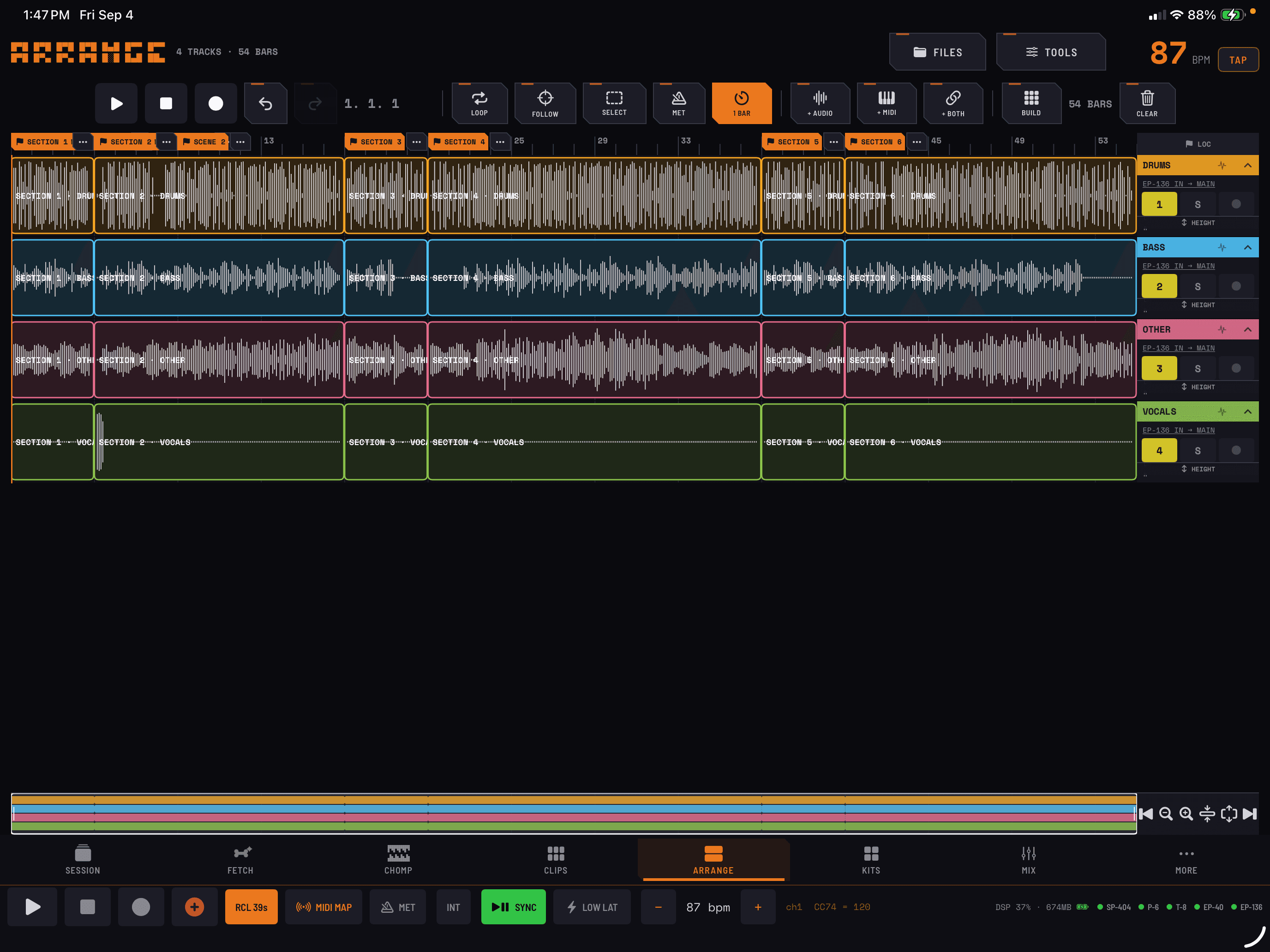 COMPA Arrange timeline with audio and MIDI regions