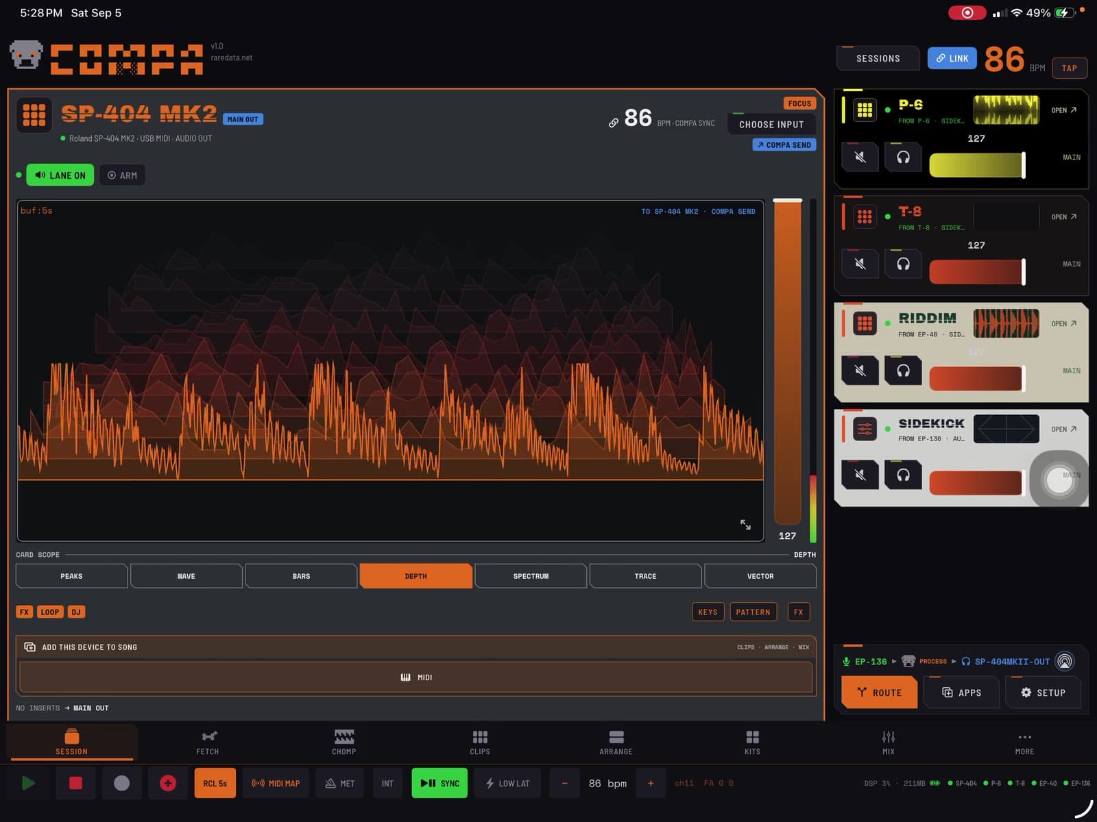 COMPA Session focused on a connected Roland SP-404MKII while its scope changes views