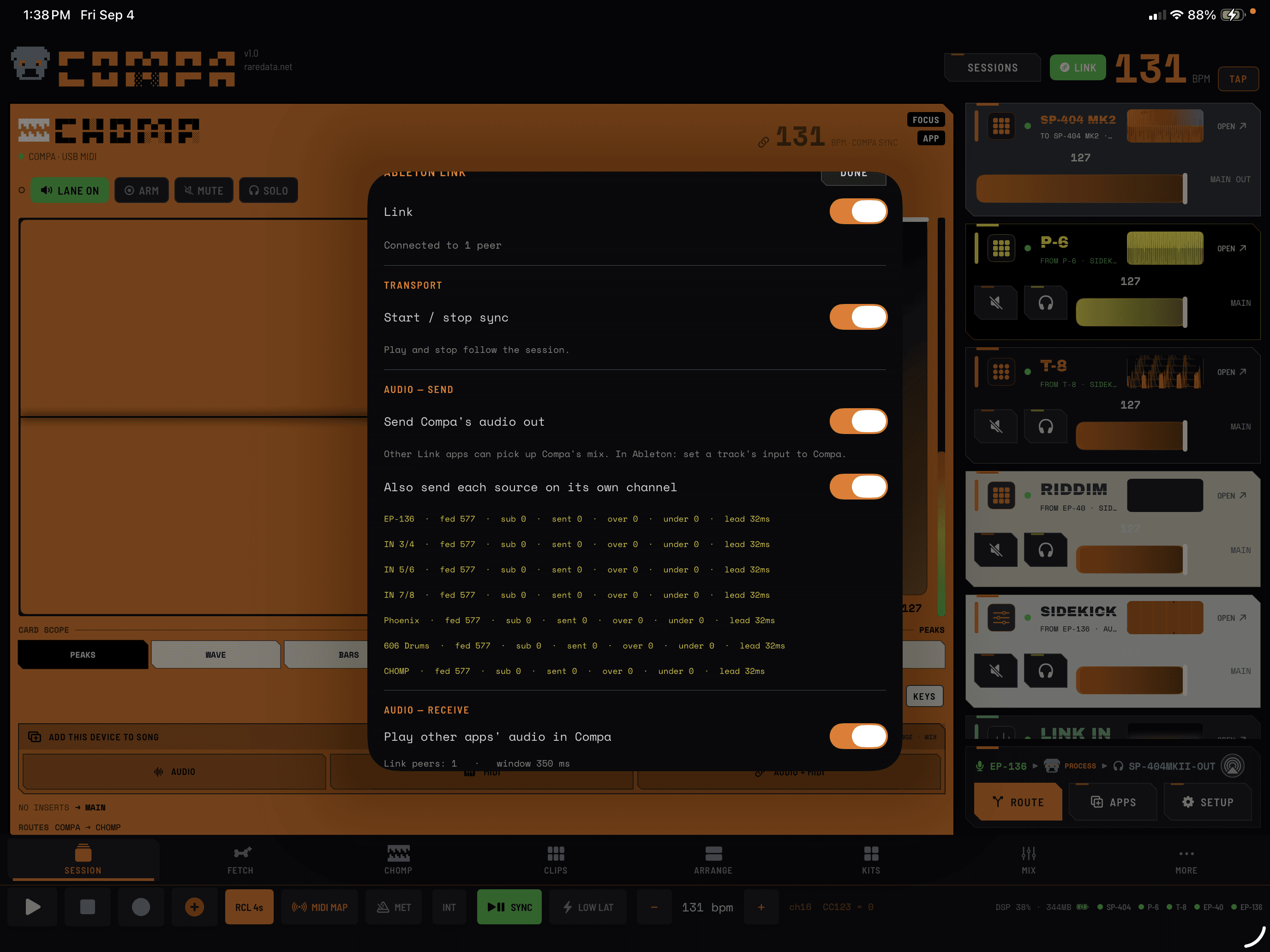 COMPA Link settings showing Start/Stop sync, audio send, and individual source channels