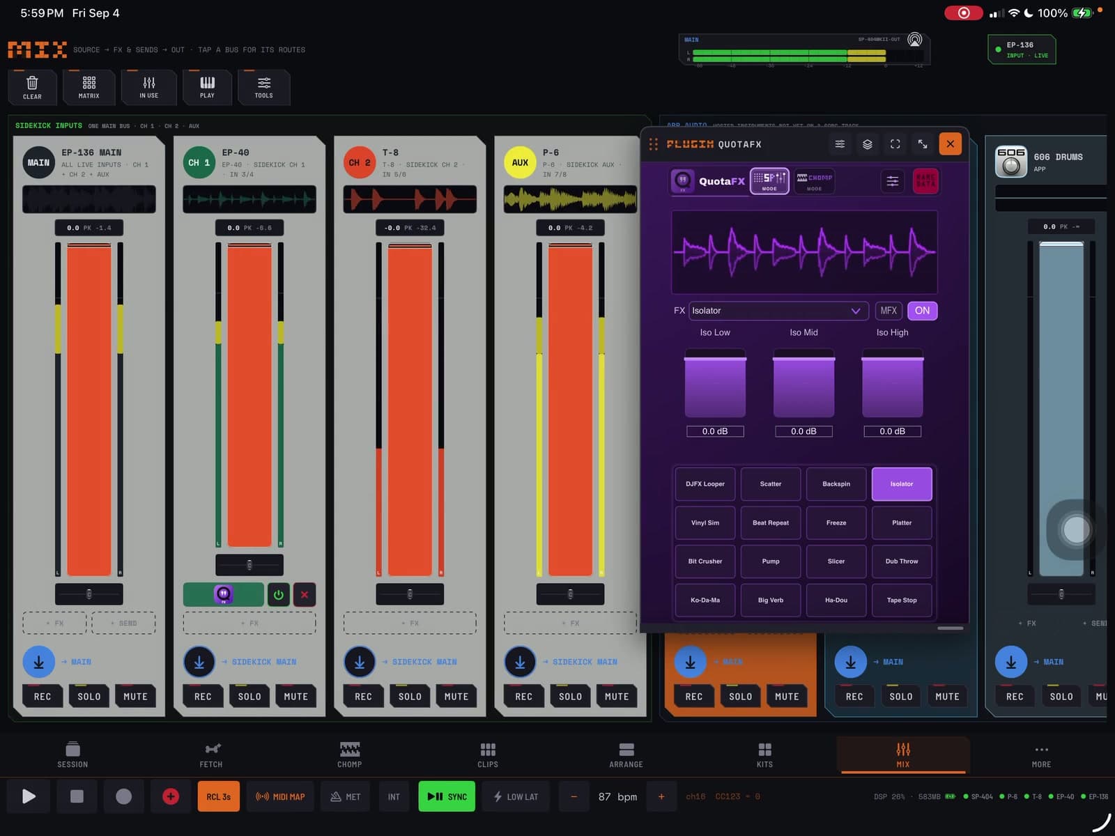 Scrolling COMPA’s populated mixer and opening, moving and resizing a floating QuotaFX editor