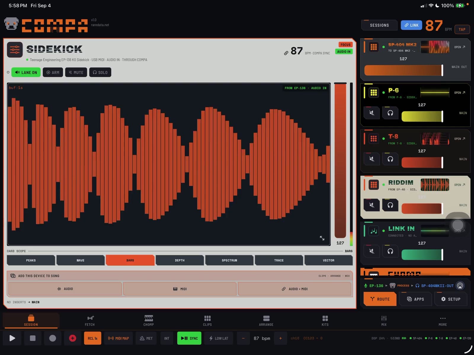 Cycling through COMPA scope displays on the EP-136 K.O. Sidekick card while the input plays