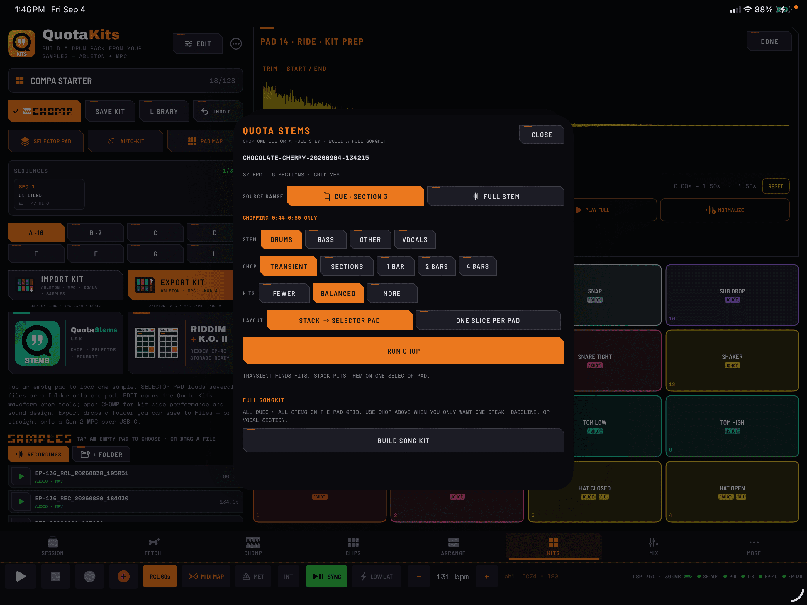 Quota Stems cue controls inside COMPA