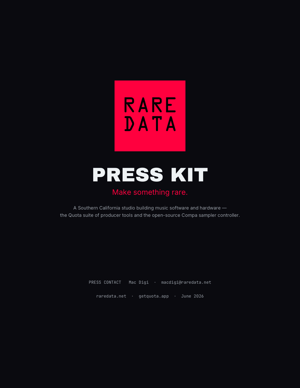 Rare Data press kit cover