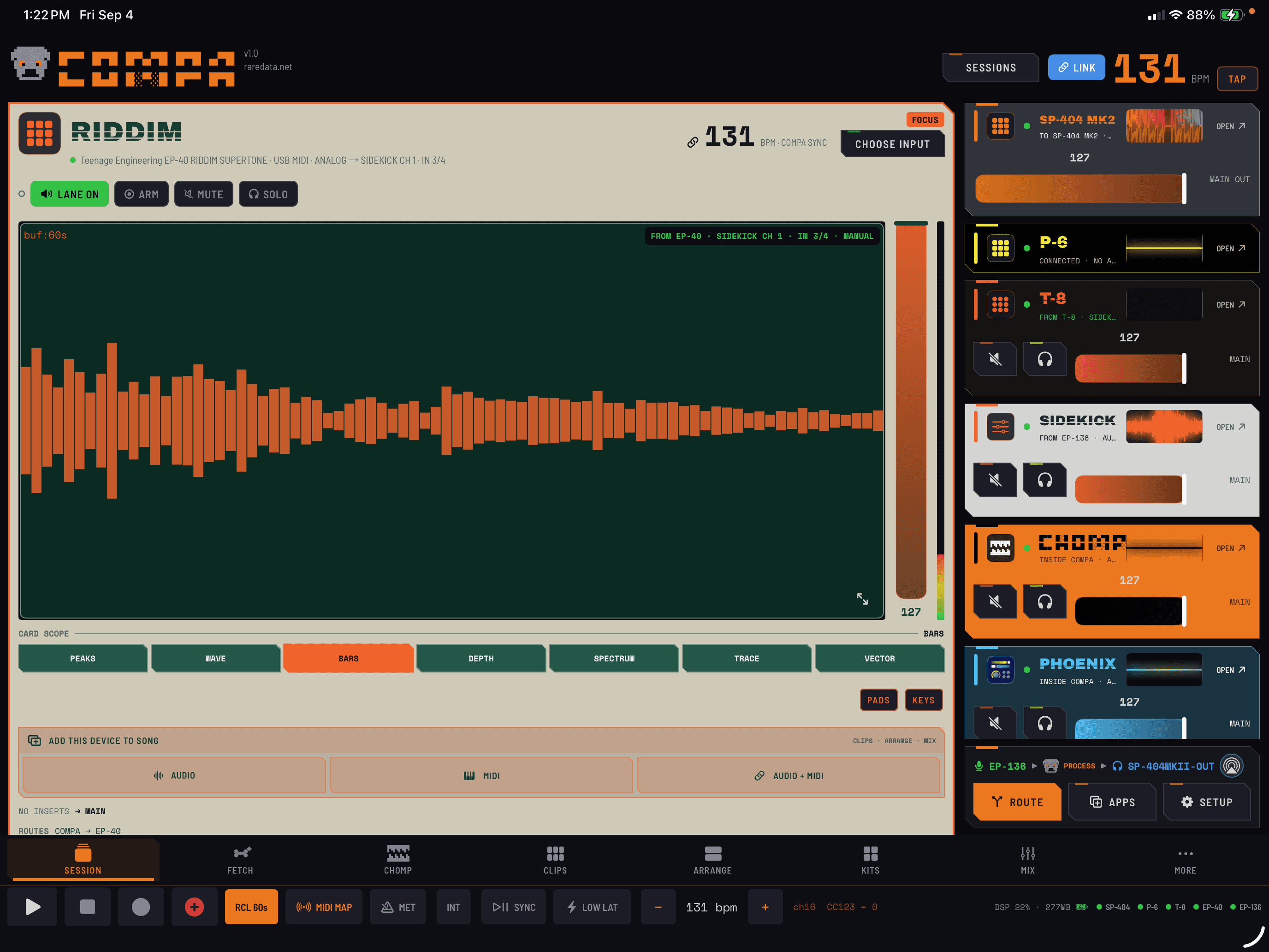 COMPA on iPad with connected RIDDIM, P-6, T-8 and K.O. Sidekick device cards