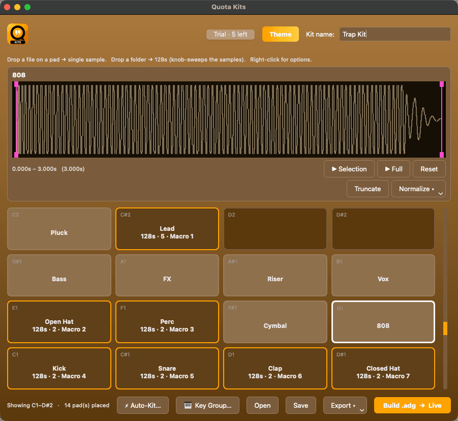 Quota Kits — pad grid, waveform editor, and the Selector Pad